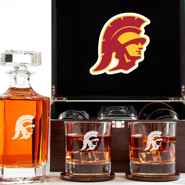 Customized Engraved Dark Brown Wood Box Decanter Set With Rocks Glasses - NCAA USC Trojans