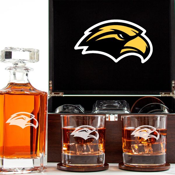 Customized Engraved Dark Brown Wood Box Decanter Set With Rocks Glasses - NCAA Southern Miss Golden Eagles