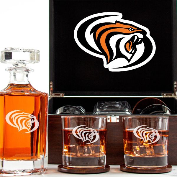 Customized Engraved Dark Brown Wood Box Decanter Set With Rocks Glasses - NCAA Pacific Tigers