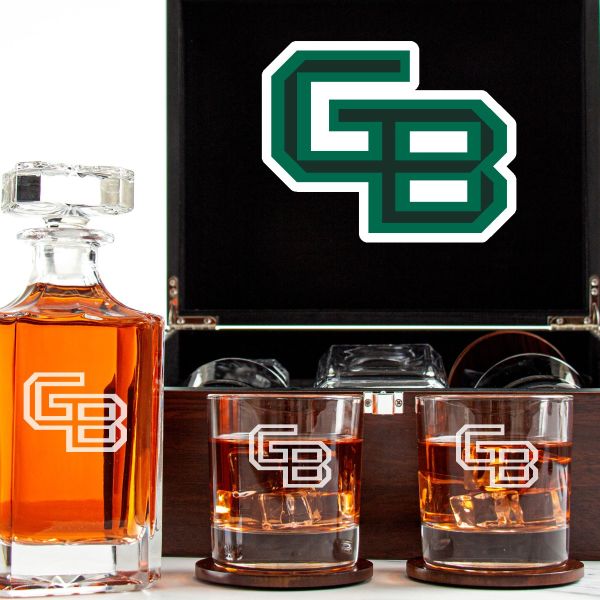 Customized Engraved Dark Brown Wood Box Decanter Set With Rocks Glasses - NCAA Green Bay Phoenix