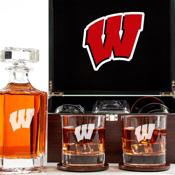 Customized Engraved Dark Brown Wood Box Decanter Set With Rocks Glasses - NCAA Wisconsin Badgers