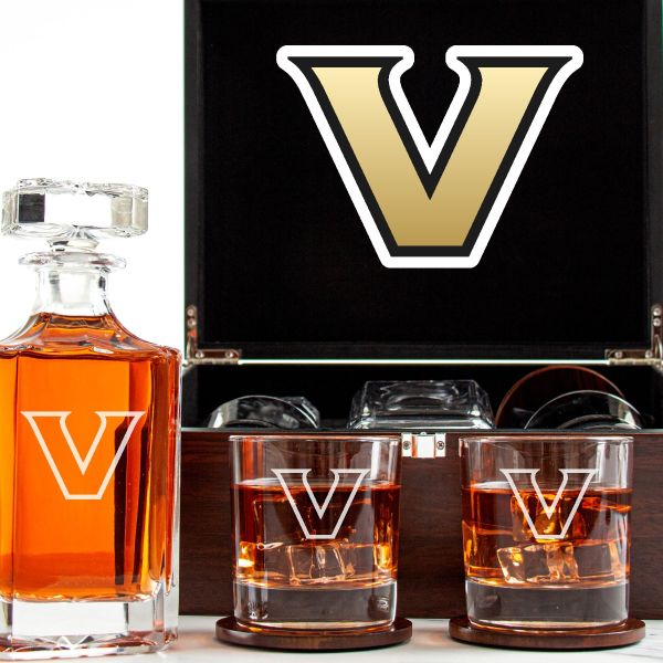 Customized Engraved Dark Brown Wood Box Decanter Set With Rocks Glasses - NCAA Vanderbilt Commodores