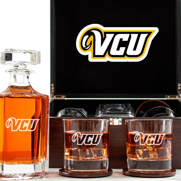 Customized Engraved Dark Brown Wood Box Decanter Set With Rocks Glasses - NCAA VCU Rams
