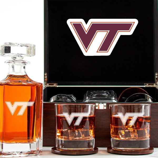 Customized Engraved Dark Brown Wood Box Decanter Set With Rocks Glasses - NCAA Virginia Tech Hokies