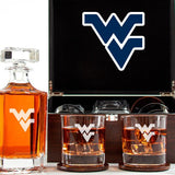Customized Engraved Dark Brown Wood Box Decanter Set With Rocks Glasses - NCAA West Virginia Mountaineers