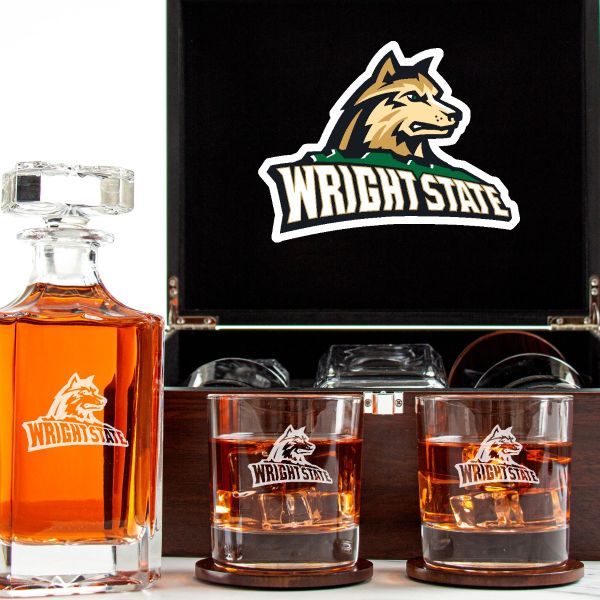 Customized Engraved Dark Brown Wood Box Decanter Set With Rocks Glasses - NCAA Wright State Raiders