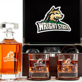 Customized Engraved Dark Brown Wood Box Decanter Set With Rocks Glasses - NCAA Wright State Raiders