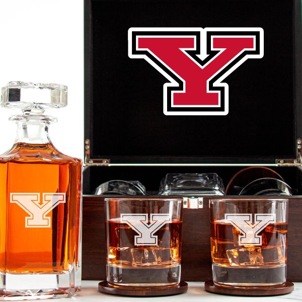 Customized Engraved Dark Brown Wood Box Decanter Set With Rocks Glasses - NCAA Youngstown State Penguins