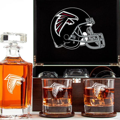 Customized Engraved Dark Brown Wood Box Decanter Set With 2 Rocks Glasses - NFL Atlanta Falcons