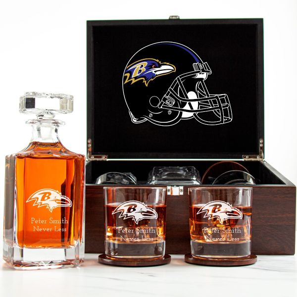 Customized Engraved Dark Brown Wood Box Decanter Set With Rocks Glasses - NFL Baltimore Ravens