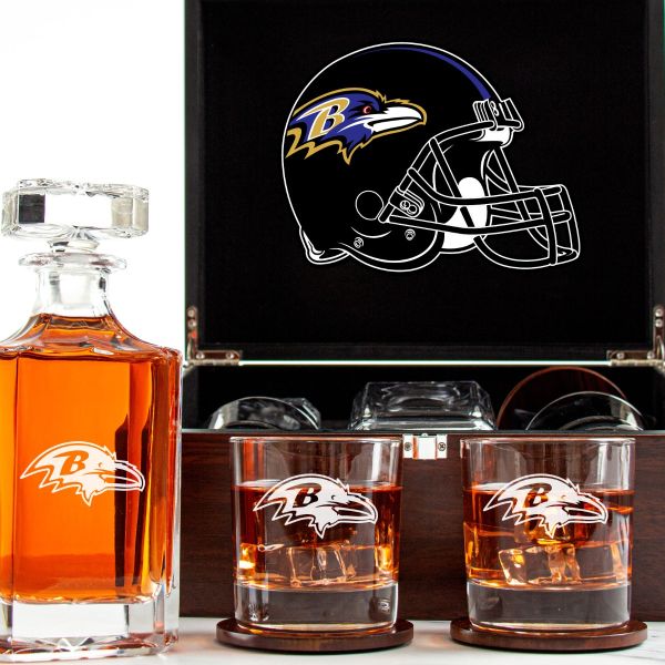 Customized Engraved Dark Brown Wood Box Decanter Set With Rocks Glasses - NFL Baltimore Ravens