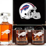 Customized Engraved Dark Brown Wood Box Decanter Set With Rocks Glasses - NFL Buffalo Bills