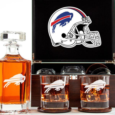 Customized Engraved Dark Brown Wood Box Decanter Set With Rocks Glasses - NFL Buffalo Bills
