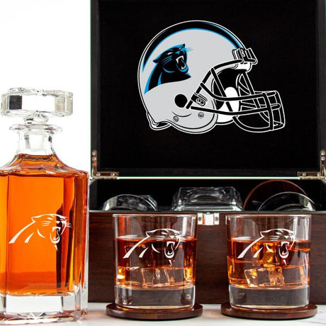 Customized Engraved Dark Brown Wood Box Decanter Set With Rocks Glasses - NFL Carolina Panthers