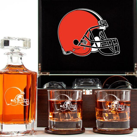Customized Engraved Dark Brown Wood Box Decanter Set With Rocks Glasses - NFL Cleveland Browns