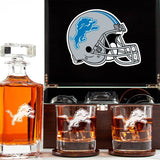 Customized Engraved Dark Brown Wood Box Decanter Set With Rocks Glasses - NFL Detroit Lions