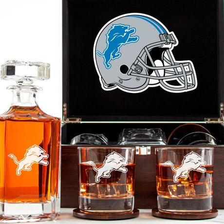Customized Engraved Dark Brown Wood Box Decanter Set With Rocks Glasses - NFL Detroit Lions