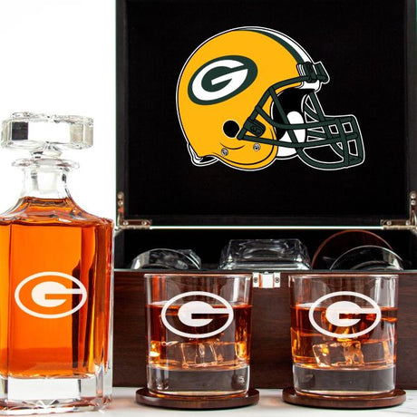 Customized Engraved Dark Brown Wood Box Decanter Set With Rocks Glasses - NFL Green Bay Packers