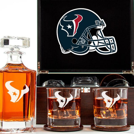 Customized Engraved Dark Brown Wood Box Decanter Set With Rocks Glasses - NFL Houston Texans