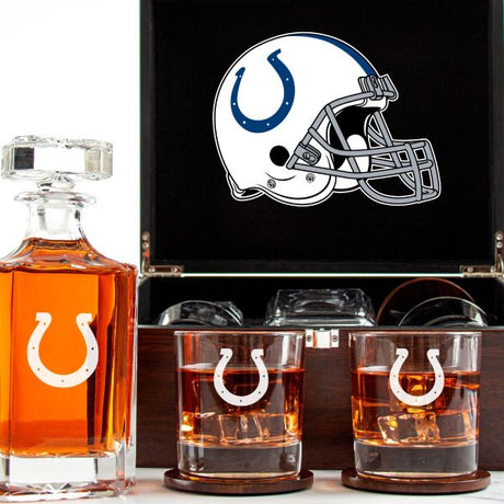 Customized Engraved Dark Brown Wood Box Decanter Set With Rocks Glasses - NFL Indianapolis Colts