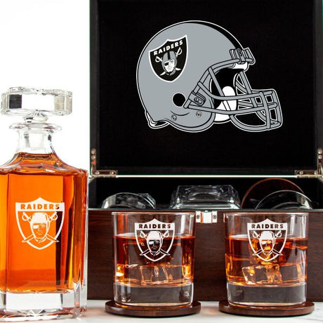 Customized Engraved Dark Brown Wood Box Decanter Set With Rocks Glasses - NFL Las Vegas Raiders