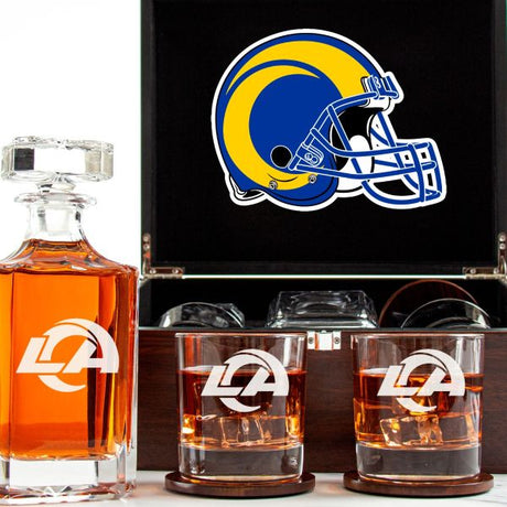 Customized Engraved Dark Brown Wood Box Decanter Set With Rocks Glasses - NFL Los Angeles Rams