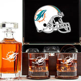 Customized Engraved Dark Brown Wood Box Decanter Set With Rocks Glasses - NFL Miami Dolphins