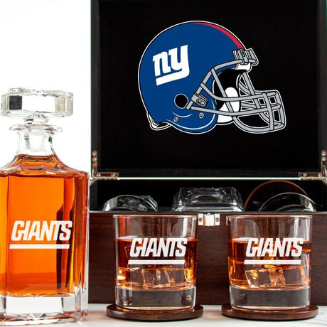 Customized Engraved Dark Brown Wood Box Decanter Set With Rocks Glasses - NFL New York Giants