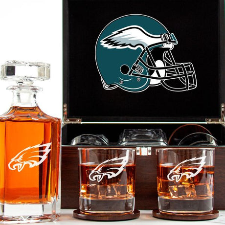 Customized Engraved Dark Brown Wood Box Decanter Set With Rocks Glasses - NFL Philadelphia Eagles