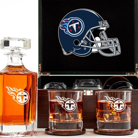 Customized Engraved Dark Brown Wood Box Decanter Set With Rocks Glasses - NFL Tennessee Titans