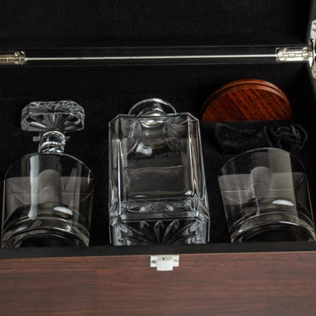 Customized Engraved Dark Brown Wood Box Decanter Set With Rocks Glasses - NFL Carolina Panthers