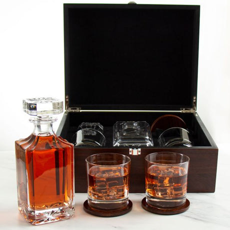 Customized Engraved Dark Brown Wood Box Decanter Set With Rocks Glasses - NFL Carolina Panthers