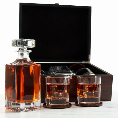 Customized Engraved Dark Brown Wood Box Decanter Set With Rocks Glasses - NFL Baltimore Ravens