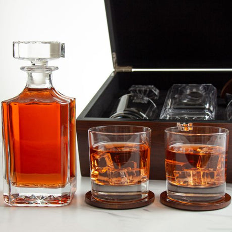 Customized Engraved Dark Brown Wood Box Decanter Set With Rocks Glasses - NFL Chicago Bears