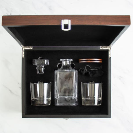 Customized Engraved Dark Brown Wood Box Decanter Set With Rocks Glasses - NFL Buffalo Bills