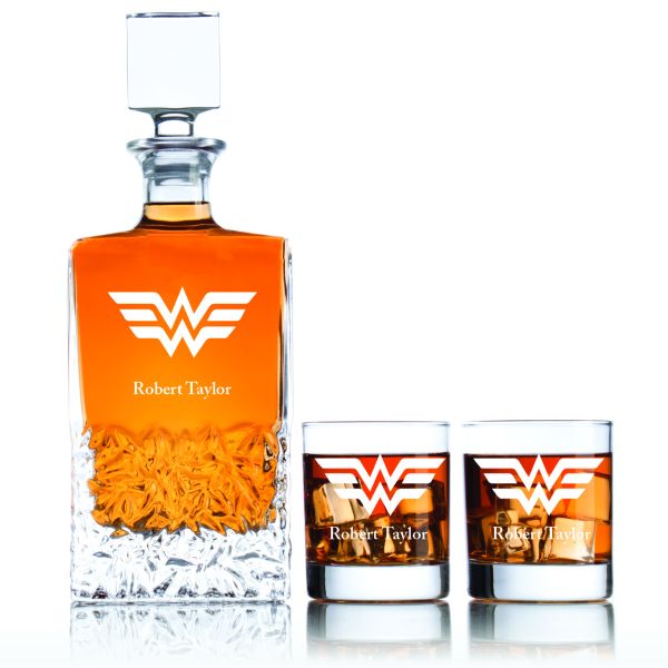 Personalized Wonder Woman Logo - Personalized Excalibur Decanter Set with Whiskey Glasses - Superhero Theme Set