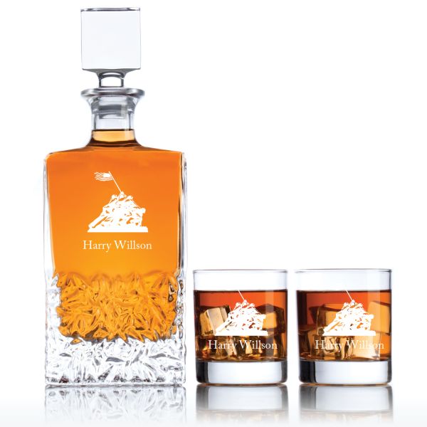 Engraved Iwo Jima - Personalized Excalibur Decanter Set with Old Fashion Whiskey Glasses
