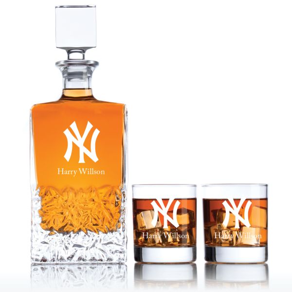 Engraved NY Yankees - Personalized Excalibur Decanter Set with Old Fashioned Whiskey Glasses