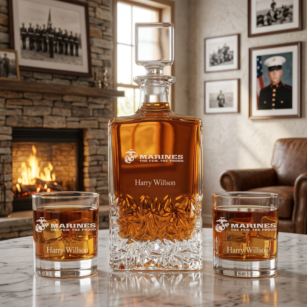 Engraved Marines The Few The Proud - Personalized Excalibur Decanter Set with Old Fashioned Whiskey Glasses