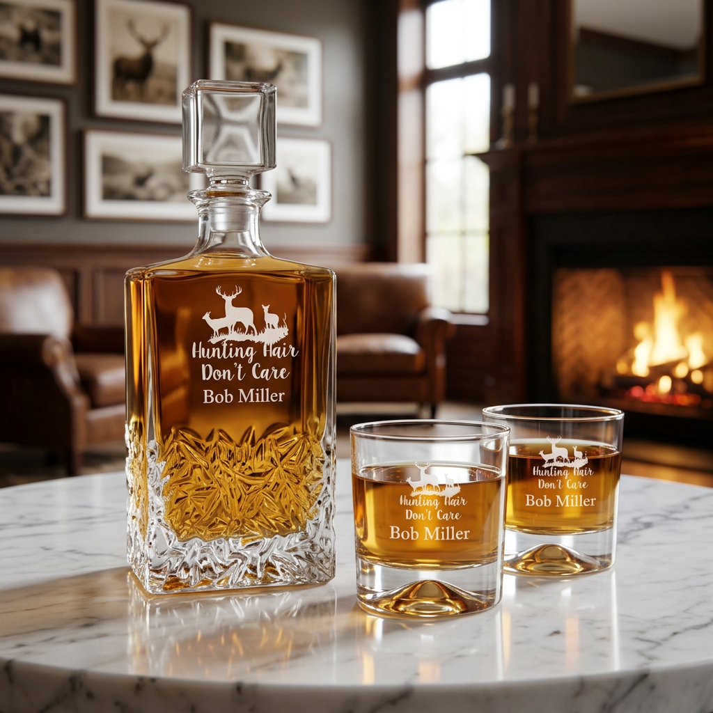 Engraved Hunting Hair I Don't Care - Personalized Excalibur Decanter Set with Whiskey Glasses
