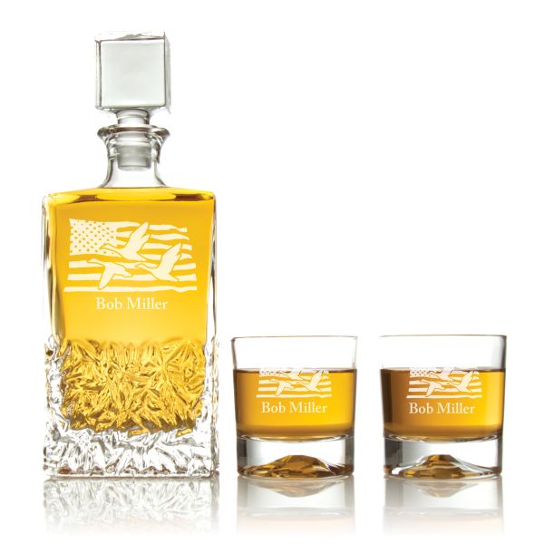 Engraved Goose with USA Flag - Personalized Excalibur Decanter Set with Whiskey Glasses