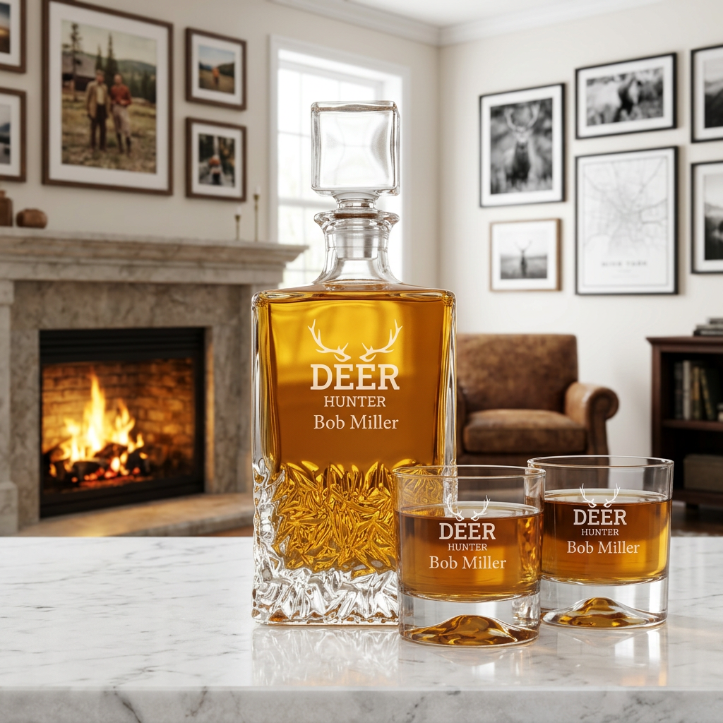 Engraved Deer Hunter - Personalized Excalibur Decanter Set with Whiskey Glasses