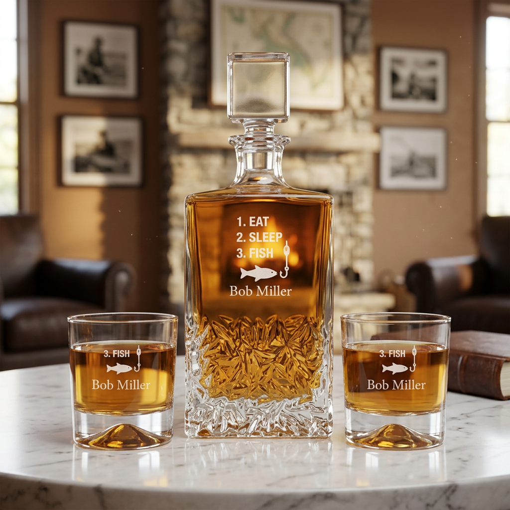 Engraved Eat Sleep Fish - Personalized Excalibur Decanter Set with Whiskey Glasses
