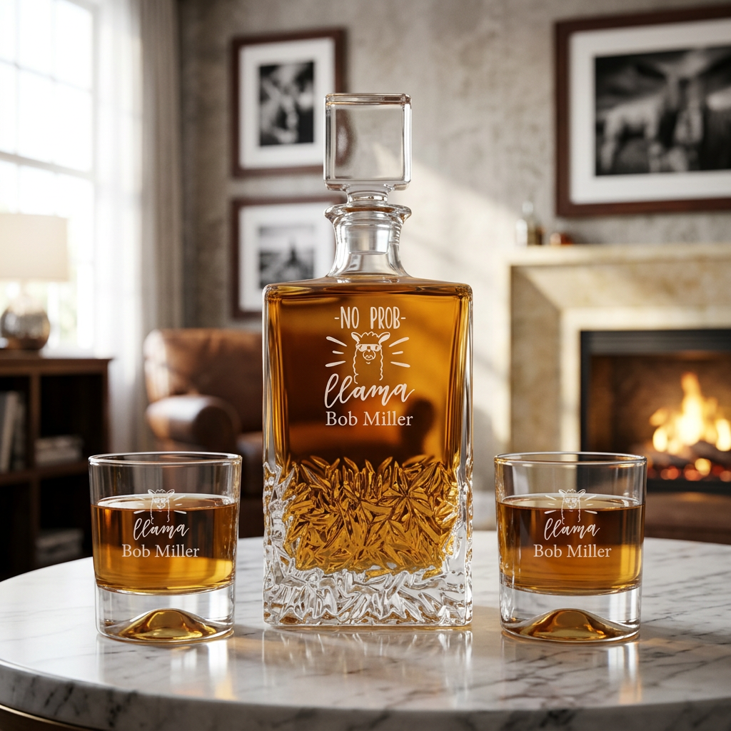 Engraved No Problem Llama - Personalized Excalibur Decanter Set with Whiskey Glasses