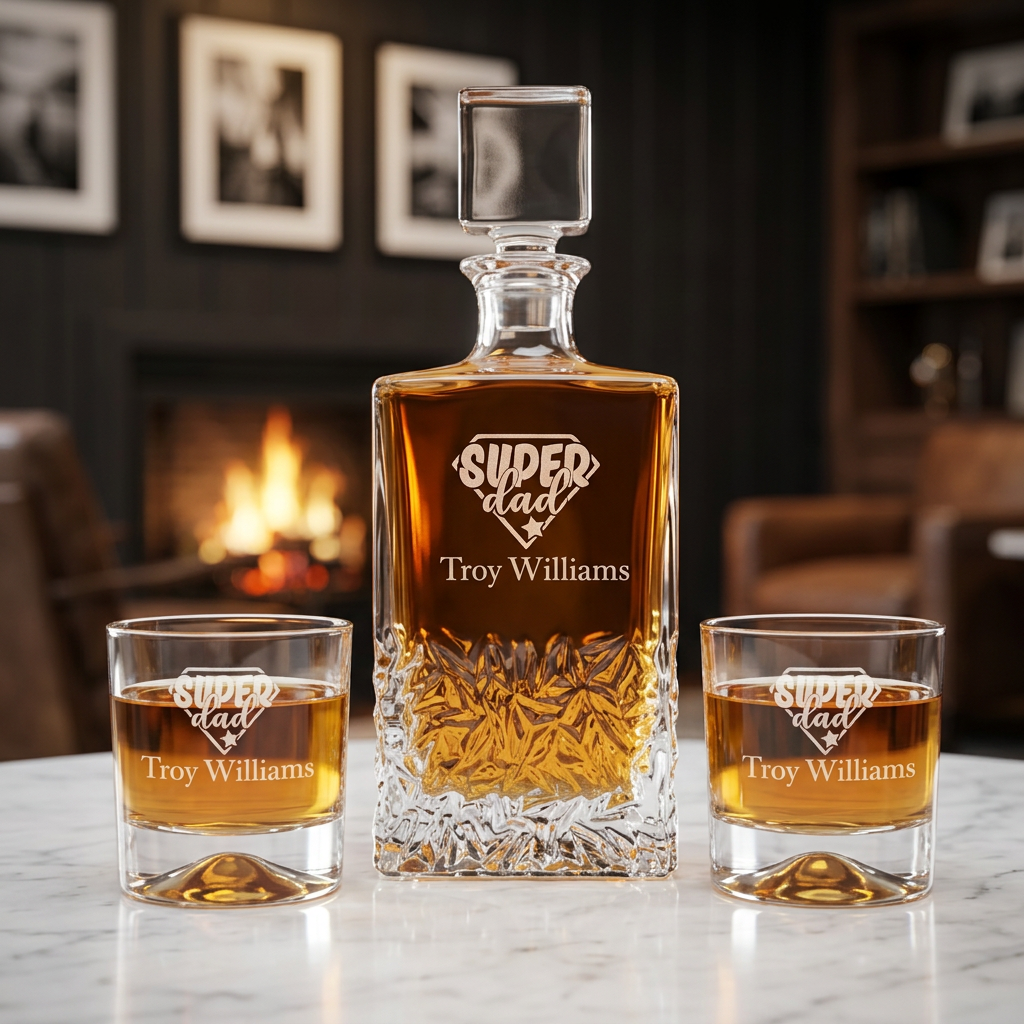 Engraved Super Hero Dad  - Personalized Excalibur Decanter Set with Whiskey Glasses