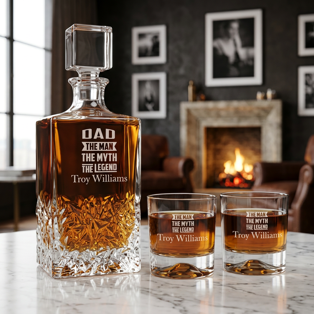 Engraved Dad The Man The Myth The Legend - Personalized Excalibur Decanter Set with Whiskey Glasses