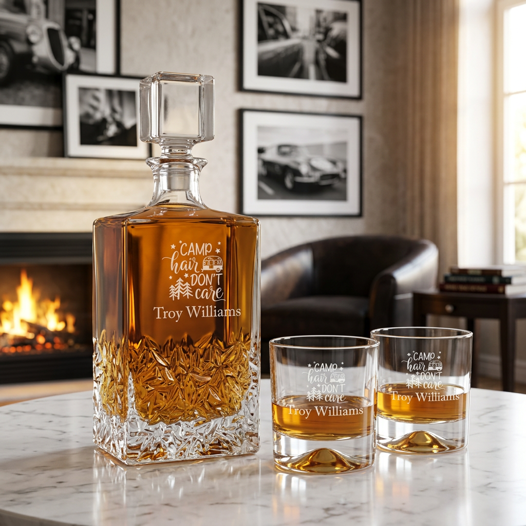 Engraved Camp Hair Do Not Care - Personalized Excalibur Decanter Set with Whiskey Glasses
