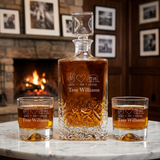 Engraved Peace Love Camping - Personalized Excalibur Decanter Set with Whiskey Glasses