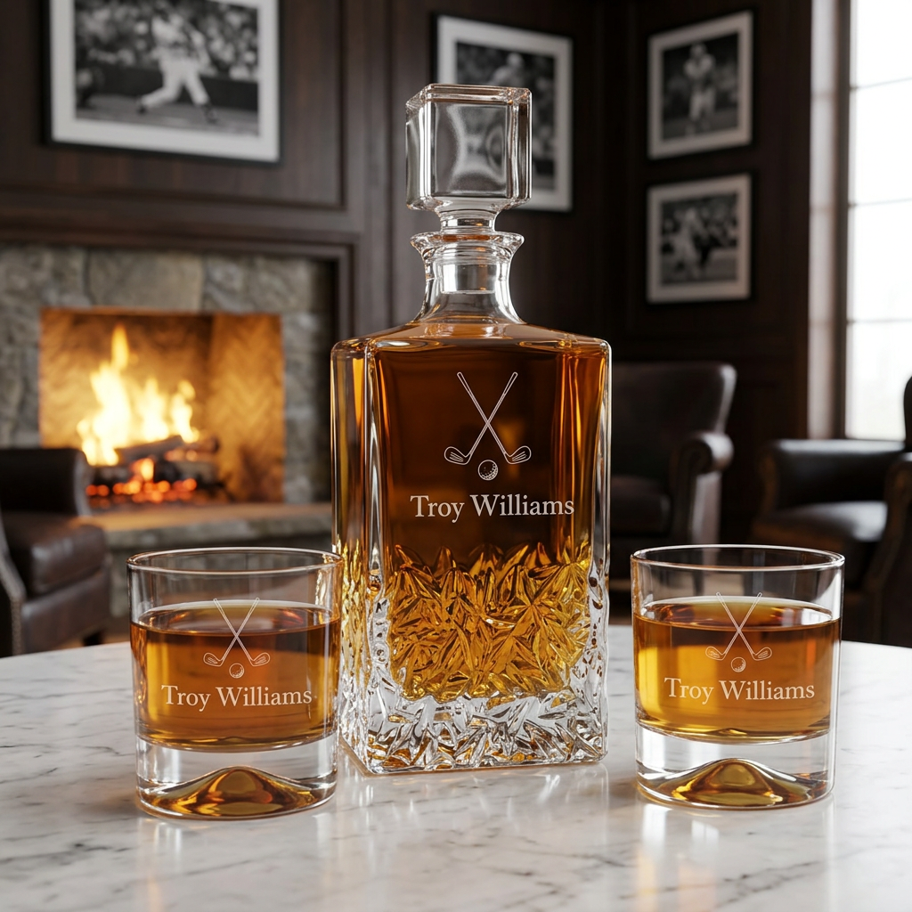 Custom Engraved Golf Clubs and Ball - Personalized Excalibur Decanter Set with Whiskey Glasses
