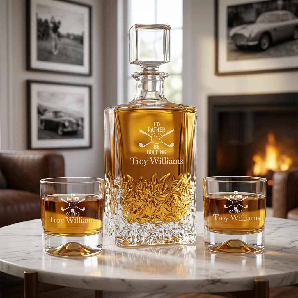 Custom Engraved Id Rather Be Golfing - Personalized Excalibur Decanter Set with Whiskey Glasses